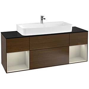Villeroy und Boch Finion Waschtischunterschrank F212HHGN 160cm, Abdeckplatte black matt, Regale sand matt lacquer, Walnut veneer