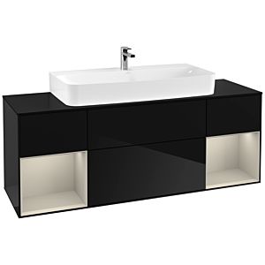 Villeroy und Boch Finion Waschtischunterschrank F212HHPH 160cm, Abdeckplatte black matt, Regale sand matt lacquer, Glossy Black Lacquer