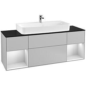 Villeroy und Boch Finion Waschtischunterschrank F212MTGJ 160cm, Abdeckplatte black matt, Regale White matt lacquer, Light grey matt