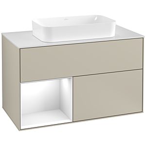 Villeroy und Boch Finion Waschtischunterschrank F241GFHH 100x60,3cm, Abdeckplatte white matt, Regal links Glossy white lacquer, Sand Matt Lacquer
