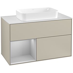 Villeroy und Boch Finion Waschtischunterschrank F241GJHH 100x60,3cm, Abdeckplatte white matt, Regal links Light grey matt, Sand Matt Lacquer