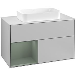 Villeroy und Boch Finion Waschtischunterschrank F241GMGJ 100x60,3cm, Abdeckplatte white matt, Regal links Olive Matt Lacquer, Light grey matt
