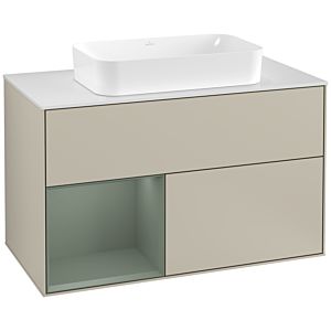 Villeroy und Boch Finion Waschtischunterschrank F241GMHH 100x60,3cm, Abdeckplatte white matt, Regal links Olive Matt Lacquer, Sand Matt Lacquer