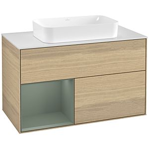 Villeroy und Boch Finion Waschtischunterschrank F241GMPC 100x60,3cm, Abdeckplatte white matt, Regal links Olive Matt Lacquer, Oak Veneer