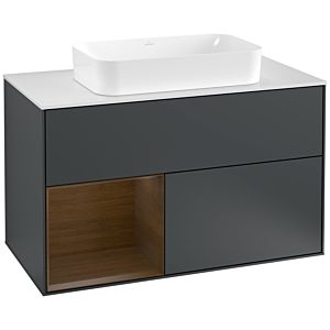 Villeroy und Boch Finion Waschtischunterschrank F241GNHG 100x60,3cm, Abdeckplatte white matt, Regal links Walnut veneer, Midnight Blue Matt Lacquer