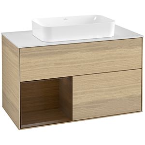 Villeroy und Boch Finion Waschtischunterschrank F241GNPC 100x60,3cm, Abdeckplatte white matt, Regal links Walnut veneer, Oak Veneer