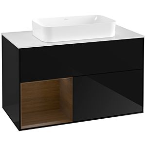 Villeroy und Boch Finion Waschtischunterschrank F241GNPH 100x60,3cm, Abdeckplatte white matt, Regal links Walnut veneer, Glossy Black Lacquer