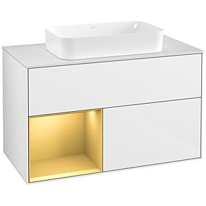 Villeroy et Boch Finion Villeroy et Boch F241HFGF 100x60,3cm, plaque de finition blanc mat, étagère gauche or mat, laqué blanc brillant