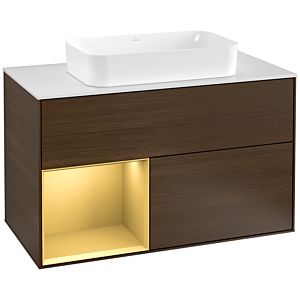 Villeroy et Boch Finion Villeroy et Boch F241HFGN 100x60,3cm, plaque de finition blanc mat, étagère gauche or mat, placage noyer