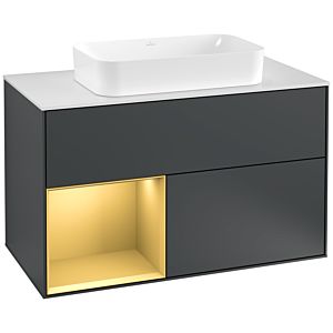 Villeroy und Boch Finion Waschtischunterschrank F241HFHG 100x60,3cm, Abdeckplatte white matt, Regal links Gold matt, Midnight Blue Matt Lacquer