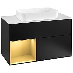 Villeroy et Boch Finion Villeroy et Boch F241HFPD 100x60,3cm, plaque de recouvrement blanc mat, étagère gauche or mat, laqué noir mat