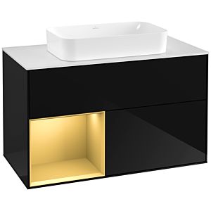 Villeroy und Boch Finion Waschtischunterschrank F241HFPH 100x60,3cm, Abdeckplatte white matt, Regal links Gold matt, Glossy Black Lacquer