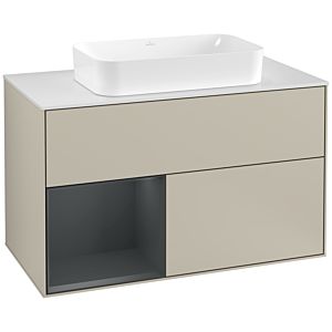 Villeroy und Boch Finion Waschtischunterschrank F241HGHH 100x60,3cm, Abdeckplatte white matt, Regal links Midnight Blue Matt Lacquer, Sand Matt Lacquer