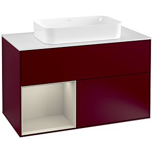 Villeroy und Boch Finion Waschtischunterschrank F241HHHB 100x60,3cm, Abdeckplatte white matt, Regal links Sand Matt Lacquer, Peony Matt