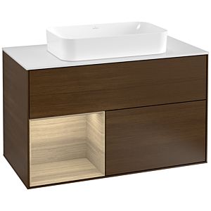 Villeroy und Boch Finion Waschtischunterschrank F241PCGN 100x60,3cm, Abdeckplatte white matt, Regal links Oak Veneer, Walnut veneer