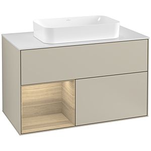 Villeroy und Boch Finion Waschtischunterschrank F241PCHH 100x60,3cm, Abdeckplatte white matt, Regal links Oak Veneer, Sand Matt Lacquer