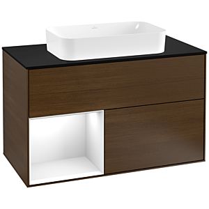 Villeroy und Boch Finion Waschtischunterschrank F242GFGN 100x60,3cm, Abdeckplatte black matt, Regal links Glossy white lacquer, Walnut veneer