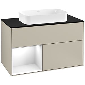 Villeroy und Boch Finion Waschtischunterschrank F242GFHH 100x60,3cm, Abdeckplatte black matt, Regal links Glossy white lacquer, Sand Matt Lacquer