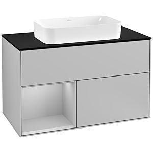 Villeroy und Boch Finion Waschtischunterschrank F242GJGJ 100x60,3cm, Abdeckplatte black matt, Regal links Light grey matt, Light grey matt