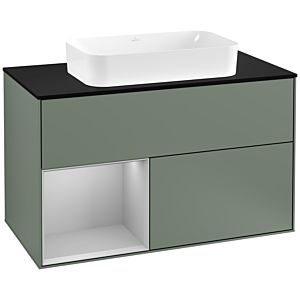 Villeroy und Boch Finion Waschtischunterschrank F242GJGM 100x60,3cm, Abdeckplatte black matt, Regal links Light grey matt, Olive Matt Lacquer