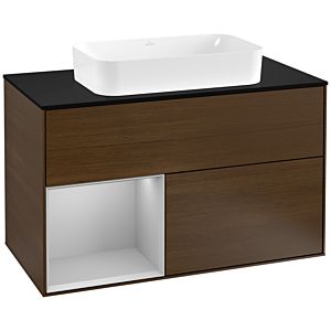 Villeroy und Boch Finion Waschtischunterschrank F242GJGN 100x60,3cm, Abdeckplatte black matt, Regal links Light grey matt, Walnut veneer