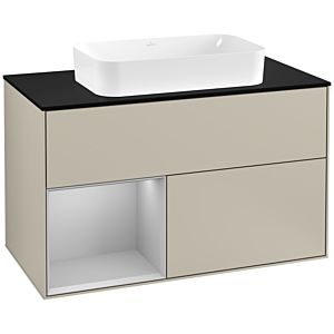 Villeroy und Boch Finion Waschtischunterschrank F242GJHH 100x60,3cm, Abdeckplatte black matt, Regal links Light grey matt, Sand Matt Lacquer