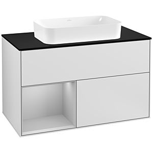 Villeroy und Boch Finion Waschtischunterschrank F242GJMT 100x60,3cm, Abdeckplatte black matt, Regal links Light grey matt, White matt lacquer