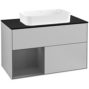 Villeroy und Boch Finion Waschtischunterschrank F242GKGJ 100x60,3cm, Abdeckplatte black matt, Regal links Anthracite matt, Light grey matt