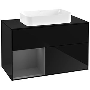 Villeroy und Boch Finion Waschtischunterschrank F242GKPH 100x60,3cm, Abdeckplatte black matt, Regal links Anthracite matt, Glossy Black Lacquer