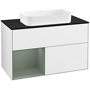 Villeroy und Boch Finion Waschtischunterschrank F242GMGF 100x60,3cm, Abdeckplatte black matt, Regal links Olive Matt Lacquer, Glossy white lacquer