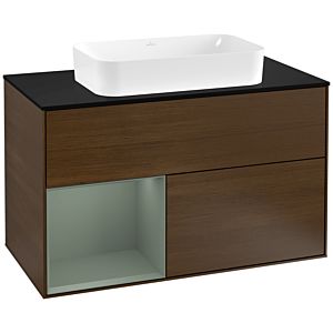 Villeroy und Boch Finion Waschtischunterschrank F242GMGN 100x60,3cm, Abdeckplatte black matt, Regal links Olive Matt Lacquer, Walnut veneer