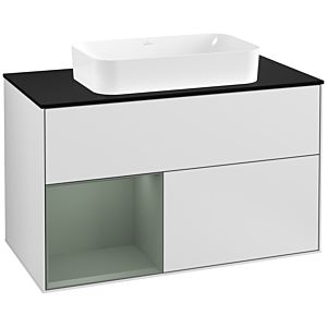 Villeroy und Boch Finion Waschtischunterschrank F242GMMT 100x60,3cm, Abdeckplatte black matt, Regal links Olive Matt Lacquer, White matt lacquer