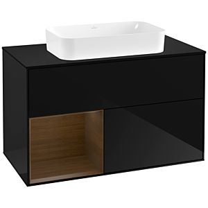Villeroy und Boch Finion Waschtischunterschrank F242GNPH 100x60,3cm, Abdeckplatte black matt, Regal links Walnut veneer, Glossy Black Lacquer