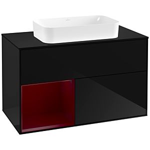 Villeroy und Boch Finion Waschtischunterschrank F242HBPH 100x60,3cm, Abdeckplatte black matt, Regal links Peony, Glossy Black Lacquer