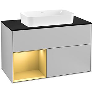 Villeroy und Boch Finion Waschtischunterschrank F242HFGJ 100x60,3cm, Abdeckplatte black matt, Regal links Gold matt, Light grey matt