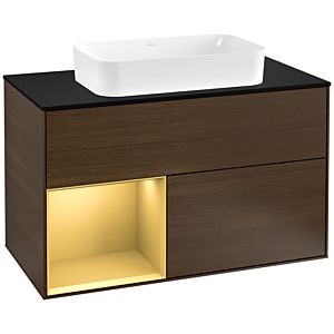 Villeroy und Boch Finion Waschtischunterschrank F242HFGN 100x60,3cm, Abdeckplatte black matt, Regal links Gold matt, Walnut veneer