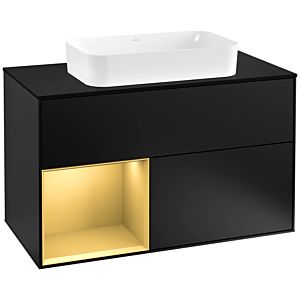Villeroy und Boch Finion Waschtischunterschrank F242HFPD 100x60,3cm, Abdeckplatte black matt, Regal links Gold matt, Black matt lacquer