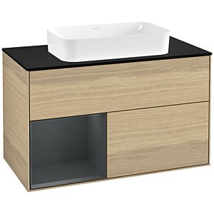 Villeroy und Boch Finion Waschtischunterschrank F242HGPC 100x60,3cm, Abdeckplatte black matt, Regal links Midnight Blue Matt Lacquer, Oak Veneer