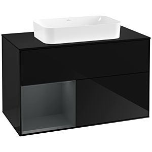 Villeroy und Boch Finion Waschtischunterschrank F242HGPH 100x60,3cm, Abdeckplatte black matt, Regal links Midnight Blue Matt Lacquer, Glossy Black Lacquer