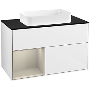 Villeroy und Boch Finion Waschtischunterschrank F242HHGF 100x60,3cm, Abdeckplatte black matt, Regal links Sand Matt Lacquer, Glossy white lacquer