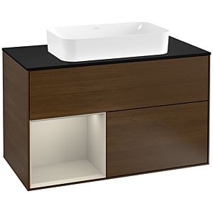 Villeroy und Boch Finion Waschtischunterschrank F242HHGN 100x60,3cm, Abdeckplatte black matt, Regal links Sand Matt Lacquer, Walnut veneer