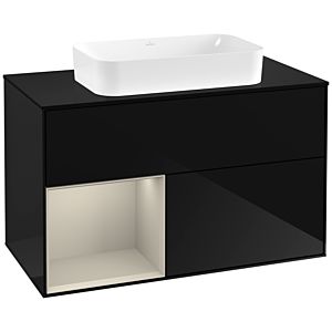 Villeroy und Boch Finion Waschtischunterschrank F242HHPH 100x60,3cm, Abdeckplatte black matt, Regal links Sand Matt Lacquer, Glossy Black Lacquer
