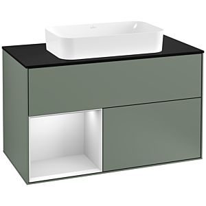 Villeroy und Boch Finion Waschtischunterschrank F242MTGM 100x60,3cm, Abdeckplatte black matt, Regal links White matt lacquer, Olive Matt Lacquer