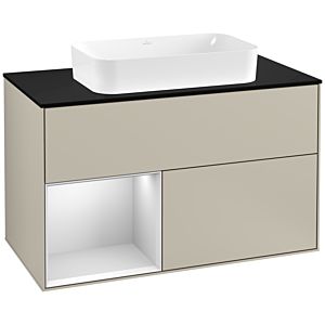 Villeroy und Boch Finion Waschtischunterschrank F242MTHH 100x60,3cm, Abdeckplatte black matt, Regal links White matt lacquer, Sand Matt Lacquer
