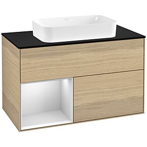Villeroy et Boch Finion Villeroy et Boch F242MTPC 100x60,3cm, plaque de finition noir mat, étagère gauche laqué blanc mat, Oak Veneer