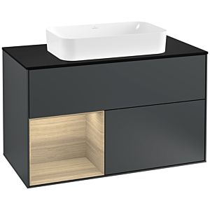Villeroy und Boch Finion Waschtischunterschrank F242PCHG 100x60,3cm, Abdeckplatte black matt, Regal links Oak Veneer, Midnight Blue Matt Lacquer