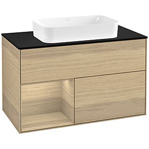 Villeroy und Boch Finion Waschtischunterschrank F242PCPC 100x60,3cm, Abdeckplatte black matt, Regal links Oak Veneer, Oak Veneer