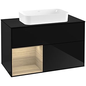 Villeroy und Boch Finion Waschtischunterschrank F242PCPH 100x60,3cm, Abdeckplatte black matt, Regal links Oak Veneer, Glossy Black Lacquer
