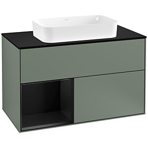 Villeroy und Boch Finion Waschtischunterschrank F242PDGM 100x60,3cm, Abdeckplatte black matt, Regal links Black matt lacquer, Olive Matt Lacquer