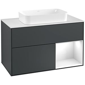 Villeroy et Boch Finion Villeroy et Boch F251GFHG 100x60,3cm, plaque de finition blanc mat, étagère à droite Laque blanc brillant, Midnight Blue Matt Lacquer